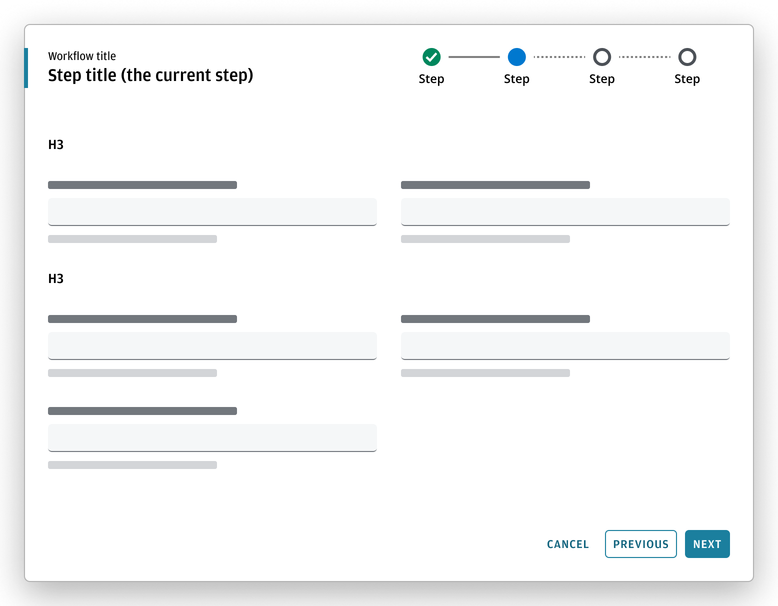 Modal wizard example with stepper and dialog container